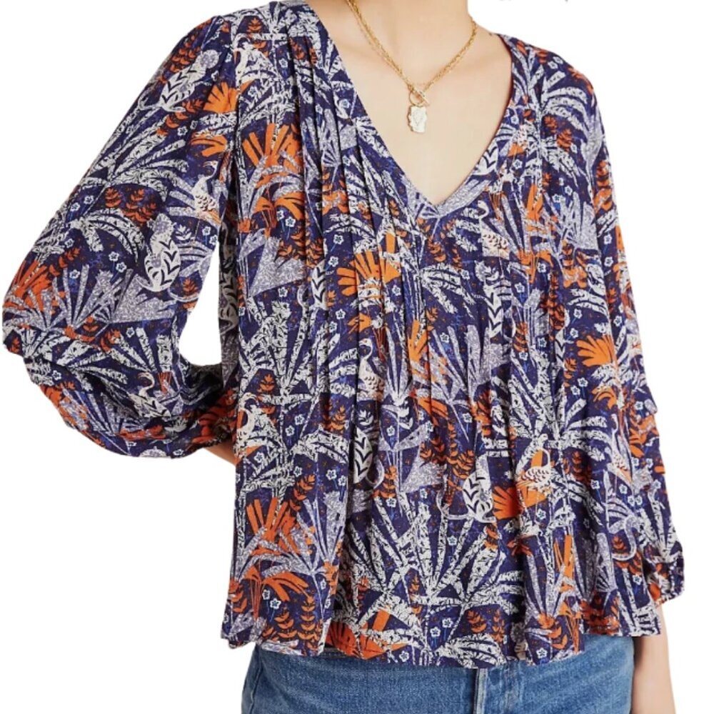 Anthropologie, Maeve, Cathy blouse, blue and orange jungle print, L